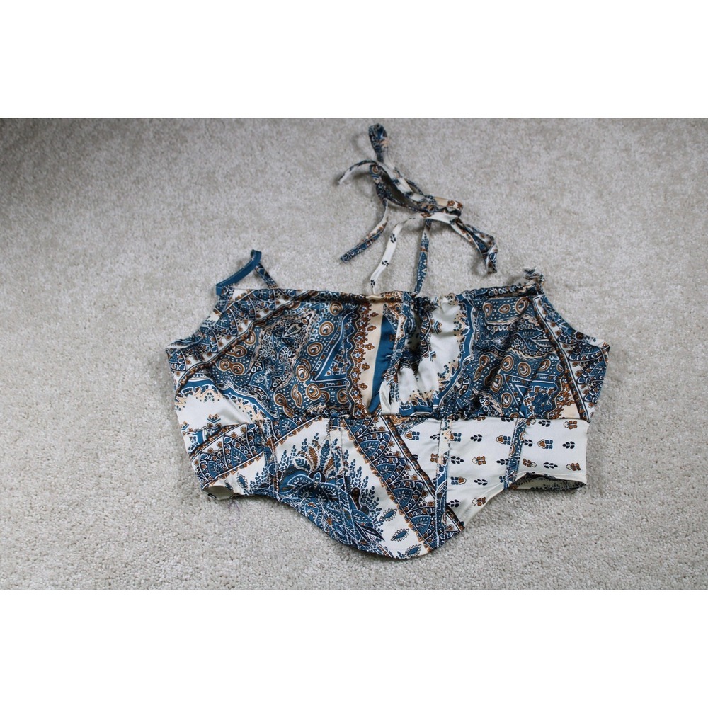 Cider Crop Top Womens S Blue Brown Paisley Boho Corset Bustier Festival Y2K Boho